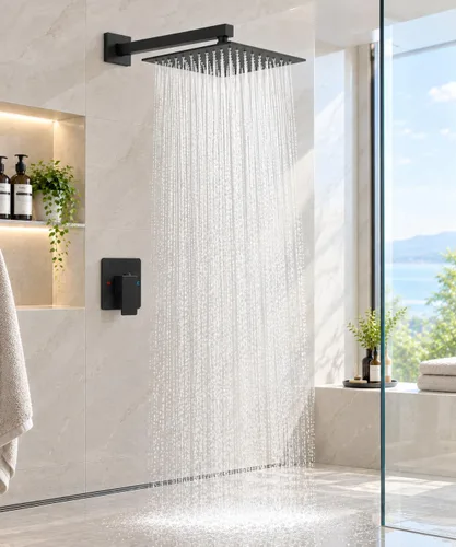 Vista 2 de Grifo de ducha negro mate de una sola función con válvula áspera, sistema de grifo de ducha de lluvia de baño, cabezal de ducha cuadrado de acero