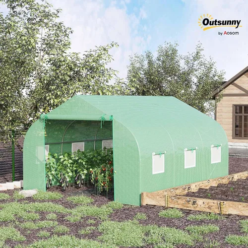Vista 2 de Outsunny - Invernadero al aire libre de 11.5' x 10' x 6.5', diseño de túnel, con ventanas enrollables, puerta con cremallera, cubierta de PE Verde