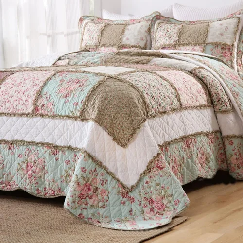 Vista 4 de ABREEZE Juego de edredón acolchado de algodón con diseño de retazos florales y rosas azules, juego de colcha rústica de 3 piezas