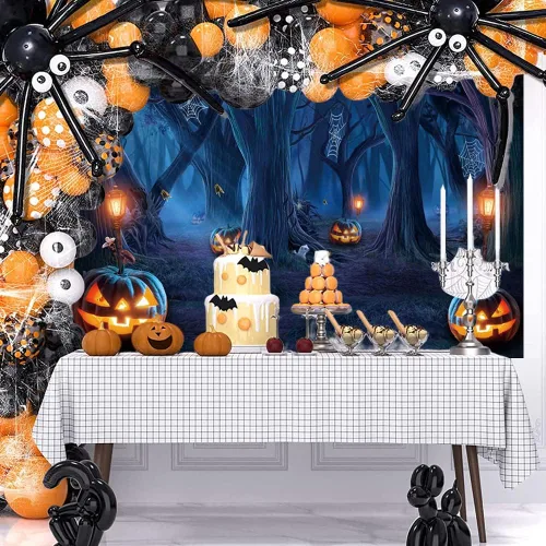 Vista 2 de Renaiss Telón de fondo de Halloween con telaraña, árboles, lámpara de calabaza, bosque sombrío, fotografía, fondo espeluznante, luz de luna