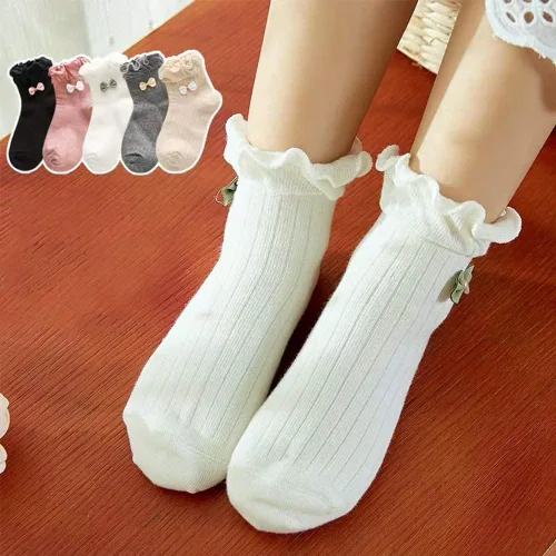 Vista 5 de Gwenvenni Girls Ruffle Bow Socks Big Little Kids Cotton Ankle Sock