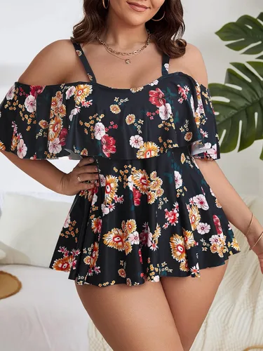 Vista 5 de SOLY HUX Traje de baño tankini de 2 piezas para mujer, talla grande, estampado floral, hombros descubiertos, ribete de volantes, traje de baño, Azul