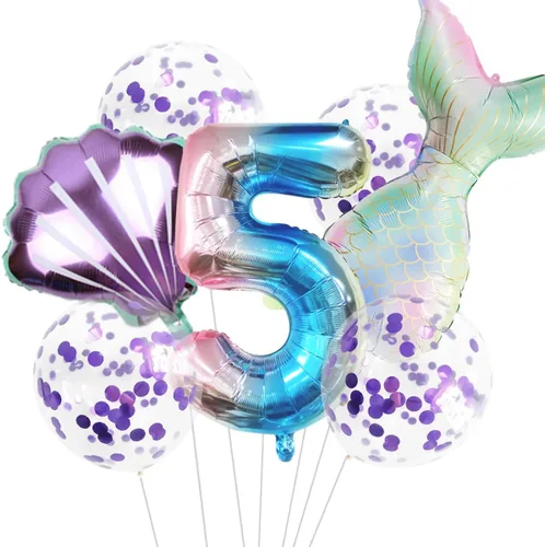 Vista 9 de 7 globos de sirena con números para fiesta de cumpleaños de 1, 2, 3, suministros de decoración de cola de sirena para niñas (número 0)