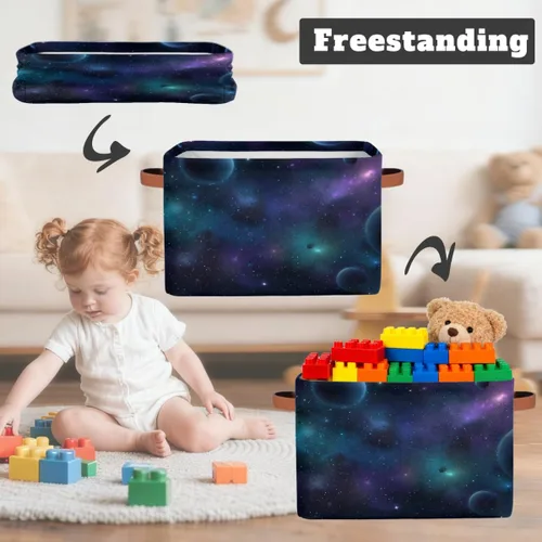 Vista 3 de Rectangular Storage Bin Starry Universe With Planets And Stars Fabric Storage Basket with Handles for Organizing Home Kitchen Closet Shelf Baskets