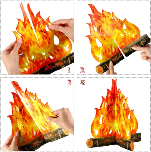 Vista 2 de Boao Juego de 6 decoraciones de llama falsa de fuego falso, decoración de campamento de cartón 3D, llamas artificiales, decoraciones de fuego