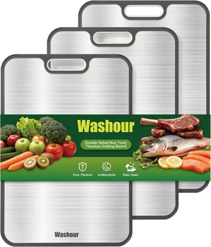 Vista 11 de Tabla de cortar de titanio no tóxica para cocina, tablas de cortar de titanio de grado alimenticio 2 en 1 de doble cara, alfombrilla de corte