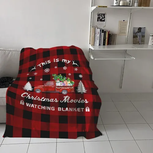 Vista 4 de Manta de Navidad para Camión, Super Suave de Franela y Forro Polar, "Esta es mi manta para ver películas de Navidad", Árbol Camión Rojo a Cuadros