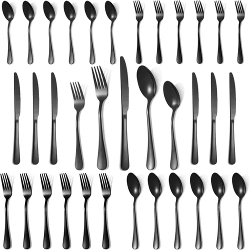 Vista 9 de Juego de cubiertos negros de 20 piezas para 4, juego de cubiertos de acero inoxidable de grado alimenticio, incluye tenedor/cuchillo/cuchara, juego