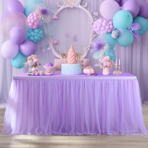 Vista 15 de Suppromo Pack de 2 faldas de mesa de tul azul de 6 pies para mesas rectangulares o redondas, mantel de tul azul para baby shower, cumpleaños