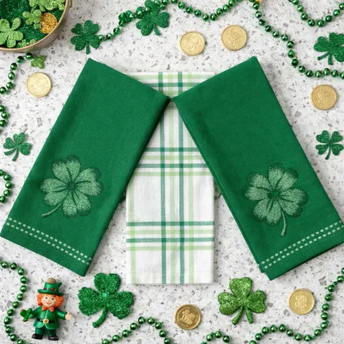 Vista 4 de Serafina Home Toallas de cocina de mano para invitados de baño irlandeses del día de San Patricio: suave y absorbente bordado, diseño de trébol