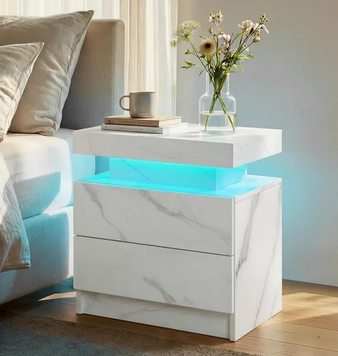 Vista 23 de Generic Juego de 2 Mesitas de noche con 2 cajones, mesa de noche con cajones para muebles de dormitorio, mesa auxiliar con luz LED, color negro