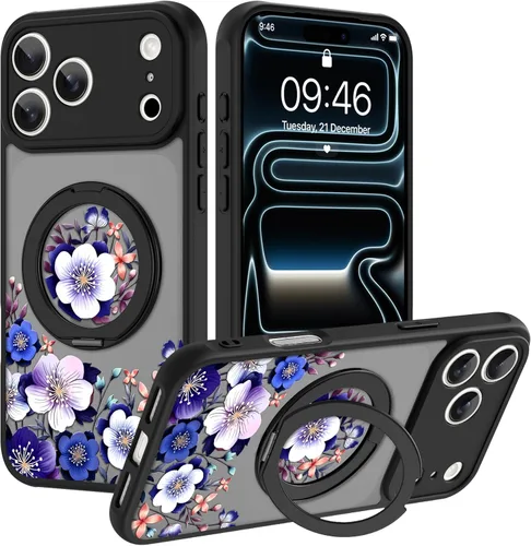 Vista 14 de OOK Funda magnética para iPhone 13 Pro Max [compatible con MagSafe] Funda delgada translúcida mate con flor silvestre negra, protección para lente