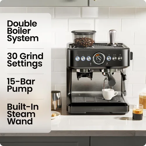 Vista 2 de Chefman Crema Deluxe - Máquina de café expreso con doble caldera, utiliza espumador de leche y café espresso simultáneamente, cafetera profesional