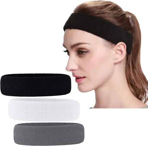 Vista 5 de Paquete de 3 diademas para hombre y mujer tela de rizo que absorbe la humedad para deportes tenis gimnasio entrenamiento