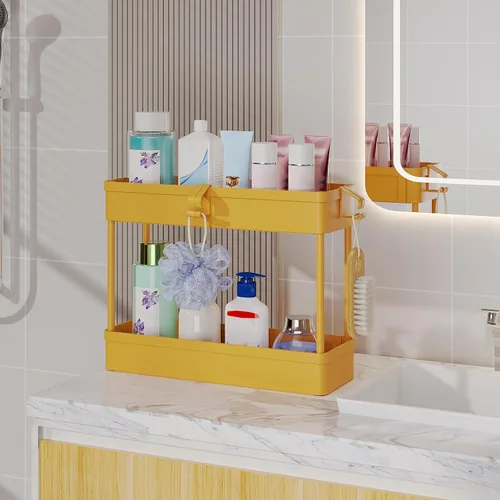 Vista 5 de Organizador de almacenamiento para debajo del fregadero, cesta de almacenamiento de 2 niveles para debajo del baño, carrito de almacenamiento