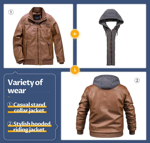Vista 4 de CREATMO US Chaqueta de piel sintética para hombre, impermeable, resistente al viento, PU con capucha extraíble