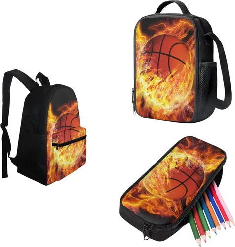 Vista 52 de FOR U DESIGNS Fuego baloncesto impreso niños escuela mochilas viaje mochila libro bolsa