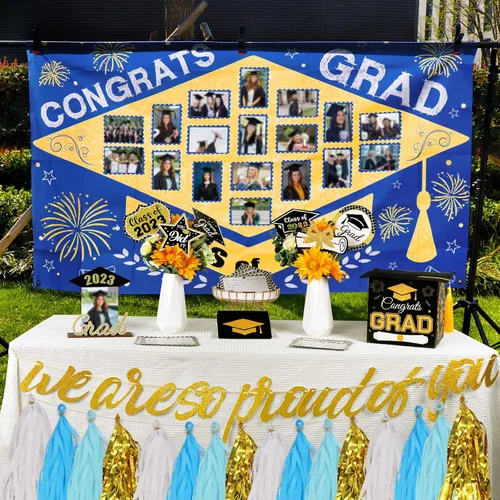 Vista 7 de Decoraciones para fiestas de graduación 2023, juego de 60 piezas: telón de fondo grande para foto, caja de tarjetas de graduación, palos de centro