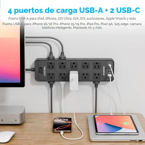 Vista 3 de Regleta de alimentación con enchufe plano, protector contra sobretensiones con 20 tomas de corriente AC y 6 puertos USB, 1875 W/15 A, 2700 julios