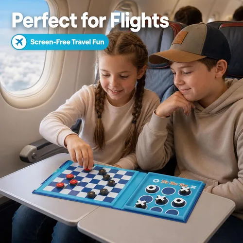 Vista 7 de Juego de mesa de damas y Tic-Tac-Toe 2 en 1 Juegos de viaje magnéticos para niños de 8 a 12 años Actividades de avión para niños de 8 a 12 años