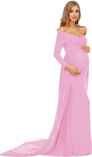 Vista 4 de ZIUMUDY Vestido de maternidad de manga larga con hombros descubiertos, vestido de gasa para sesión de fotos, baby shower