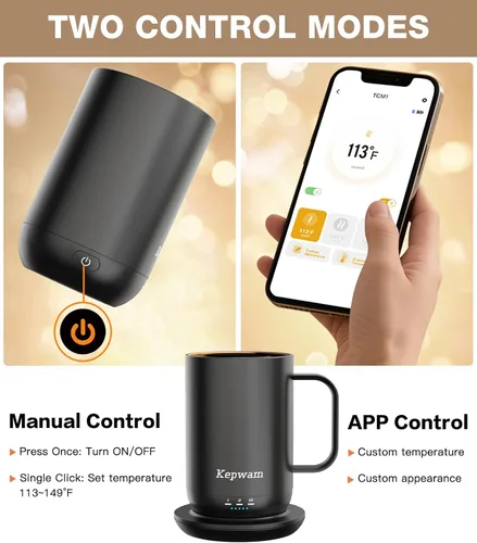 Vista 4 de Kepwam Taza de Café Autocalentante T1, Taza de Café Recargable Calentada de 16oz, Taza de Café Inteligente con Calentamiento Controlado por
