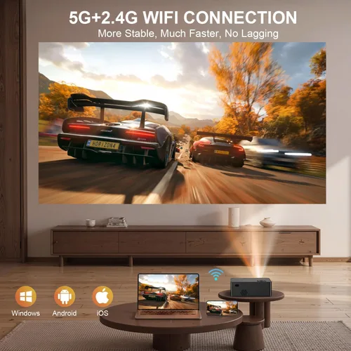 Vista 7 de Proyector para exteriores con WiFi y Bluetooth y soporte, brillo 3000, proyector inteligente portátil con aplicaciones oficiales con licencia