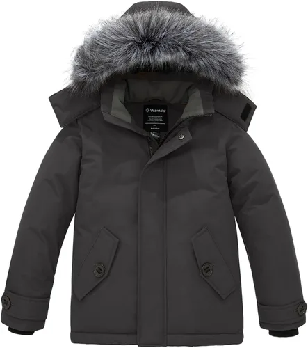 Vista 11 de wantdo - Chaqueta de invierno con capucha para niños, impermeable, acolchada, con forro polar, parka Negro