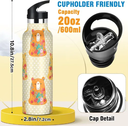 Vista 2 de Water Bottle for Kids with Straw, Kids Stainless Steel Water Bottle for Travel or School 20 Oz, BPA-Free, Bears Floral