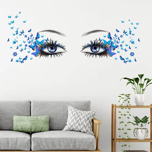Vista 6 de Calcomanías de pared azules con ojos de pestañas, 4 hojas, vinilo mate premium, calcomanías de mariposa, impermeables, para mujeres y niñas