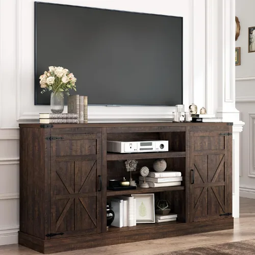 Vista 13 de Hlivelood Mueble de TV Estilo Granja de 66" con Tomas de Corriente para TVs de 75 Pulgadas, Centro de Entretenimiento de 33" de Alto con Gabinetes