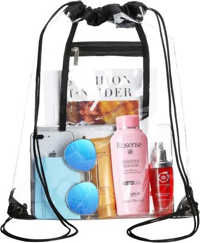 Vista 8 de NATURAL STYLE Paquete de 2 bolsas transparentes con cordón aprobadas para estadios, bolsas transparentes de PVC con cordón, mochila transparente