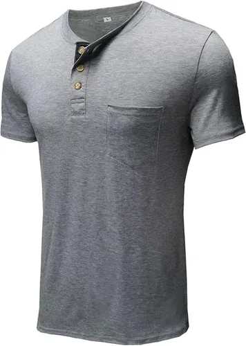 Vista 4 de Fastkoala Camiseta de manga corta Henley para hombre, estilo casual, con botones, básica, con bolsillo