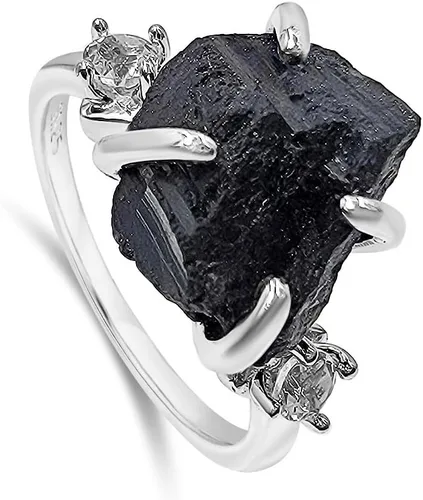 Vista 20 de Anillo de cristal crudo real con piedra natal, plata de ley, oro blanco, regalo de joyería para ella, regalo de Navidad, Día de la Madre