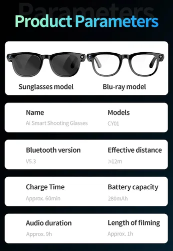 Vista 8 de Lentes inteligentes Bluetooth AI con cámara de 8 MP para hombres y mujeres, traducción en tiempo real, negro, asistente de voz AI integrado, control
