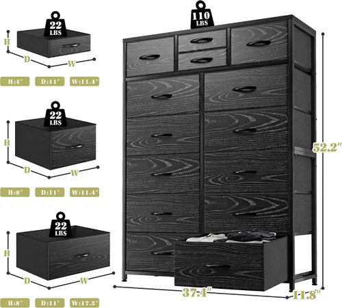 Vista 3 de EnHomee Cómodas negras para dormitorio con 14 cajones de almacenamiento, cómodas y organizador de cajones de almacenamiento, marco de metal