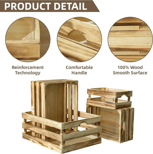 Vista 3 de Cajas grandes decorativas de almacenamiento de madera chamuscada, conjunto de 4 cajas de madera anidadas para exhibición rústica, cajas