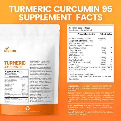 Vista 7 de VivoNu Suplemento de curcumina de cúrcuma con cápsulas de pimienta negra, 1000 mg de cúrcuma pura, curcumina 95% curcuminoides, absorción mejorada