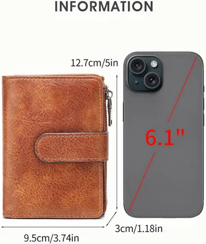Vista 4 de Cartera pequeña de cuero vegano para mujer, billetera plegable y compacta con bolsillo para monedas con cremallera, Negro, Moderno