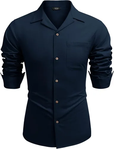 Vista 4 de COOFANDY Camisas de algodón y lino para hombre, de manga larga, casuales, con botones, para la playa