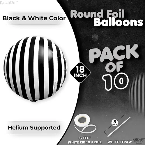 Vista 3 de KatchOn, Globos grandes a rayas blancas y negras de 18 pulgadas, paquete de 10 globos de aluminio para decoraciones de fiesta de cumpleaños