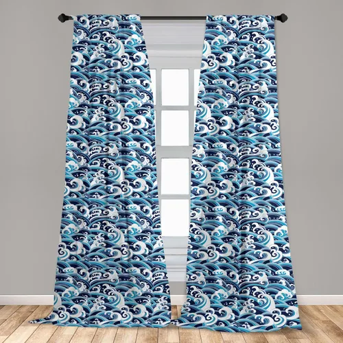 Vista 3 de Ambesonne Cortinas onduladas japonesas, patrón oriental tradicional con ondas de salpicaduras de espuma de agua, tratamientos de ventana, juego de 2