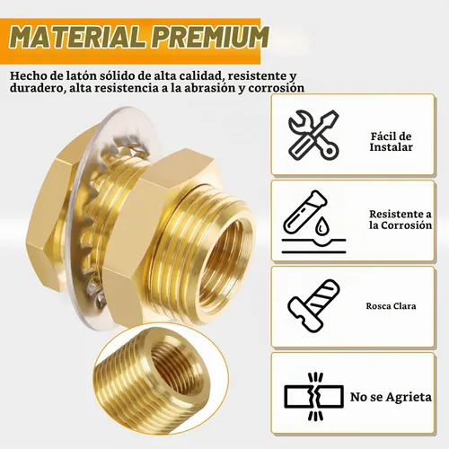 Vista 3 de KOOTNAS Paquete de 2 Accesorios de Mamparo de Latón Macizo, 1/2 NPT Cónico Hembra 1" Rosca Macho Recta Conector de Latón con Anillo Ondulado
