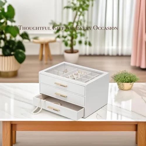 Vista 6 de Vlando - Joyero con 3 cajones y tapa de vidrio, organizador de cuero sintético para anillos, aretes, collares y más, estuche de joyería listo