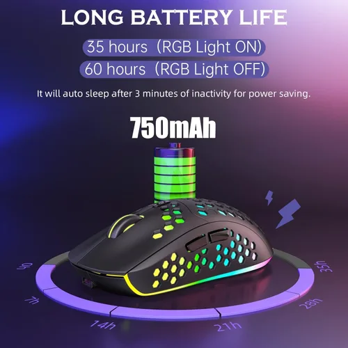 Vista 6 de Mouse inalámbrico ligero para juegos, mouse recargable UHURU WM-08 con carcasa de panal de abeja, 11 modos de luz LED, 4 DPI ajustables, mouse RGB