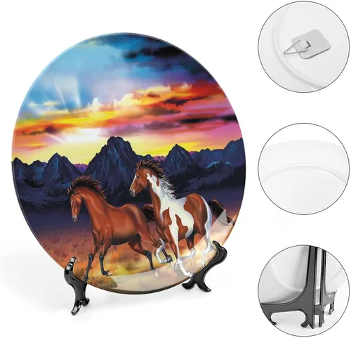 Vista 4 de XISUNYA Plato decorativo de porcelana redonda occidental de 6 pulgadas, diseño de caballos salvajes corriendo al atardecer, paisaje rústico, adorno