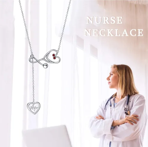 Vista 4 de Yfn Collar con dije de estetoscopio, con diseño del caduceo médico, de plata esterlina, de 18.0 pulgadas