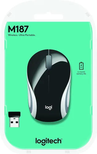 Vista 4 de Logitech Mini mouse inalámbrico M187 Ultra portátil, seguimiento óptico de 1000 DPI, 3 botones, PC/Mac/computadora portátil, color negro y blanco