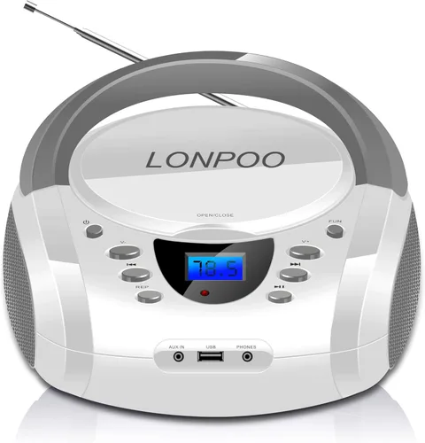 Vista 10 de LONPOO Reproductor de CD portátil Boombox con radio FM/USB/Bluetooth/entrada AUX y salida de jack de auriculares, altavoz de sonido estéreo y Negro