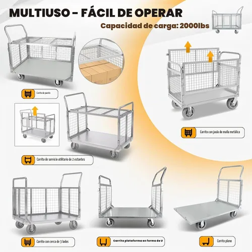 Vista 5 de Carrito de Plataforma con Jaula, Multiusos 6 en 1 Plegable Carrito de Plataforma Plana Carrito de Empuje Resistente Diablito con Ruedas Giratorias